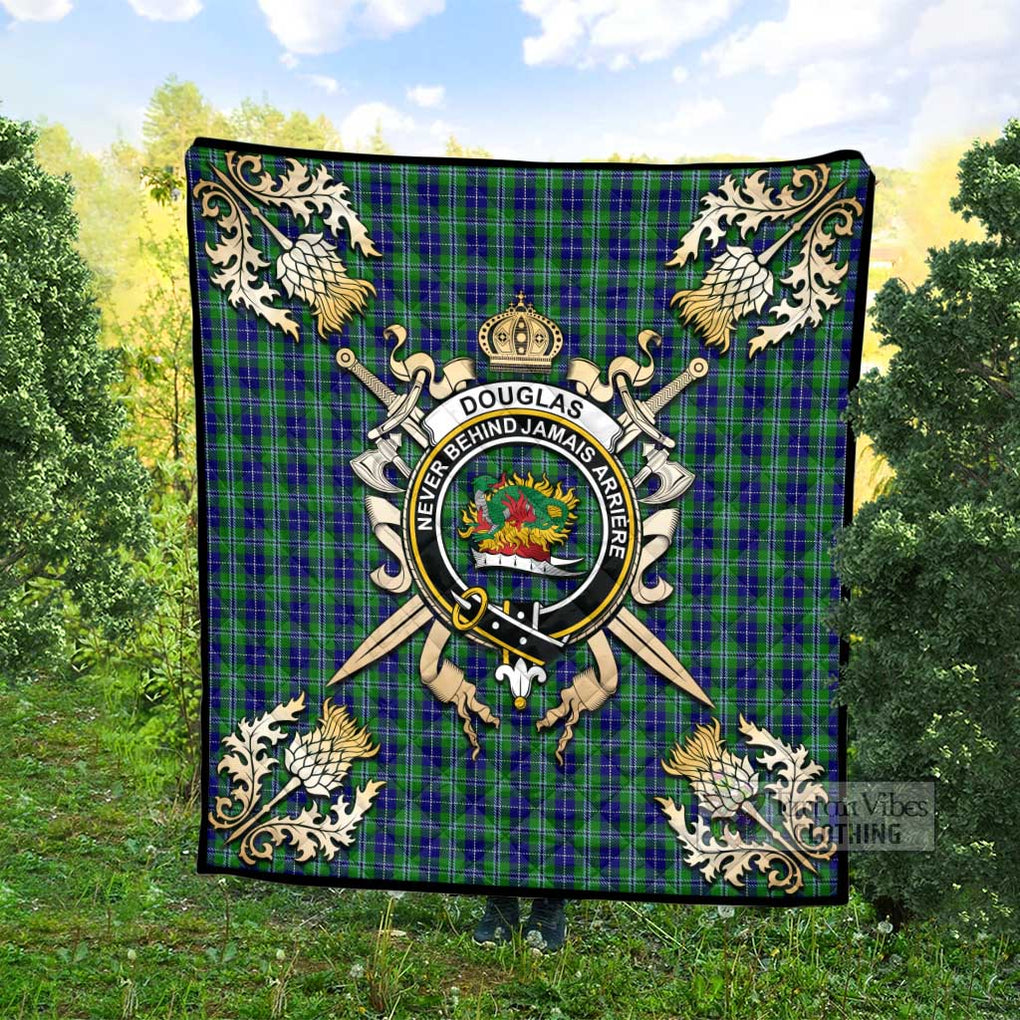 Tartan Vibes Clothing Douglas Tartan Quilt with Family Crest and Scottish Golden Courage Shield