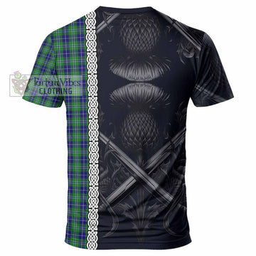 Douglas Tartan T-Shirt with Family Crest Cross Sword Thistle Celtic Vibes