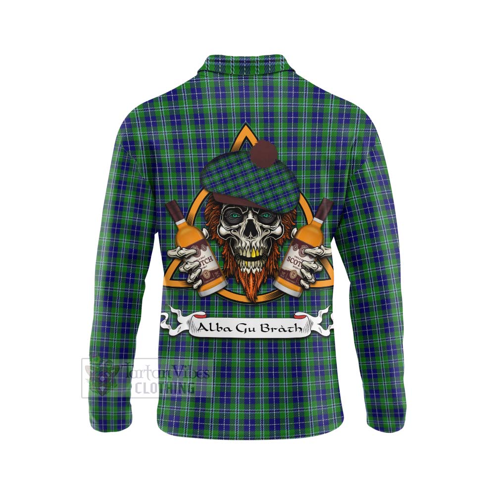 Tartan Vibes Clothing Douglas Tartan Long Sleeve Polo Shirt with Family Crest and Bearded Skull Holding Bottles of Whiskey