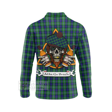 Douglas Tartan Long Sleeve Polo Shirt with Family Crest and Bearded Skull Holding Bottles of Whiskey