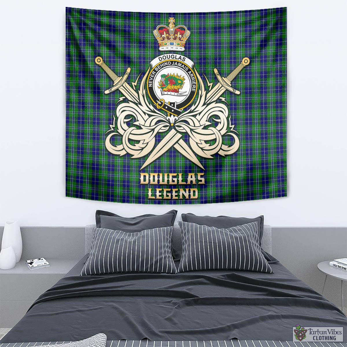 Tartan Vibes Clothing Douglas Tartan Tapestry with Clan Crest and the Golden Sword of Courageous Legacy