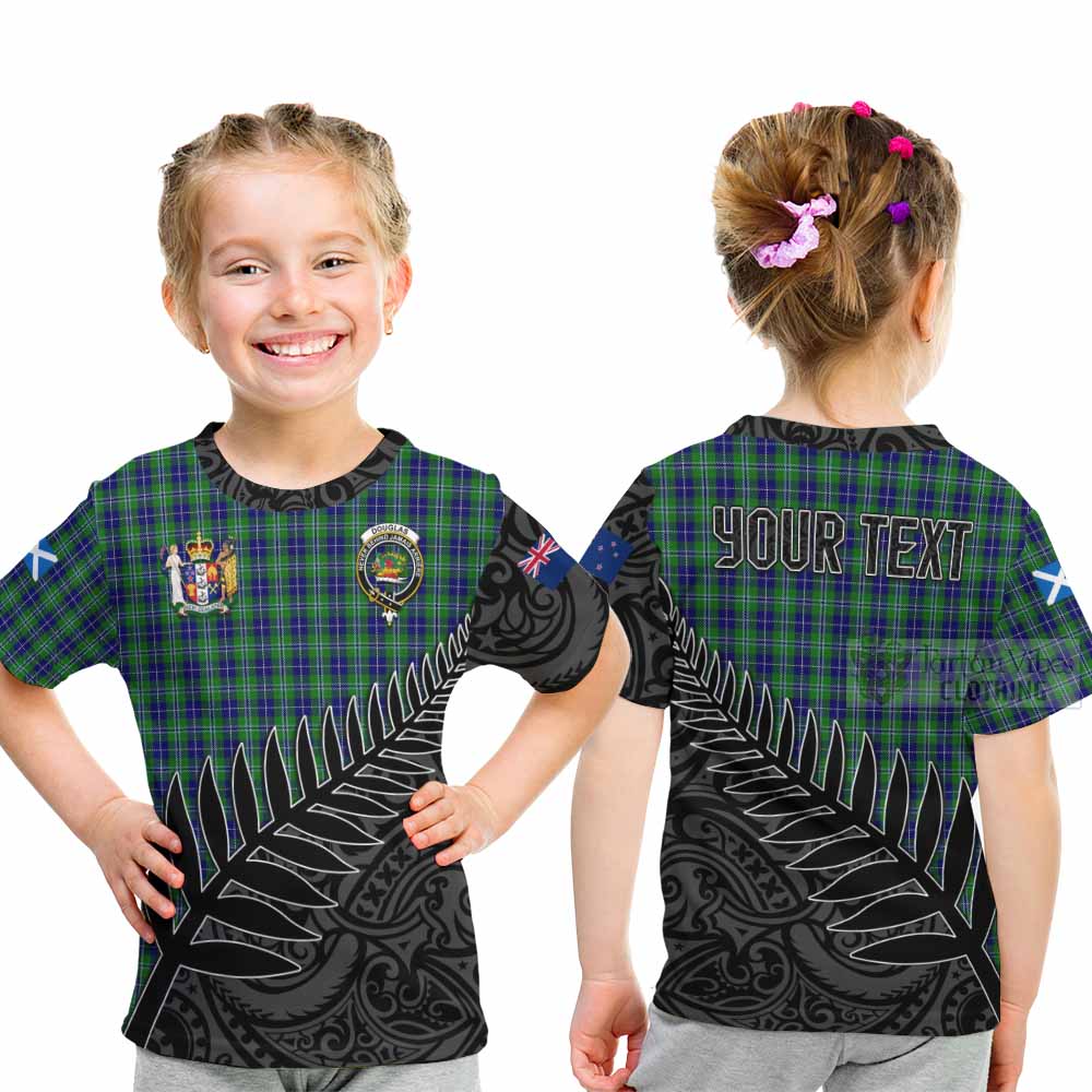 Tartan Vibes Clothing Douglas Crest Tartan Kid T-Shirt with New Zealand Silver Fern Half Style