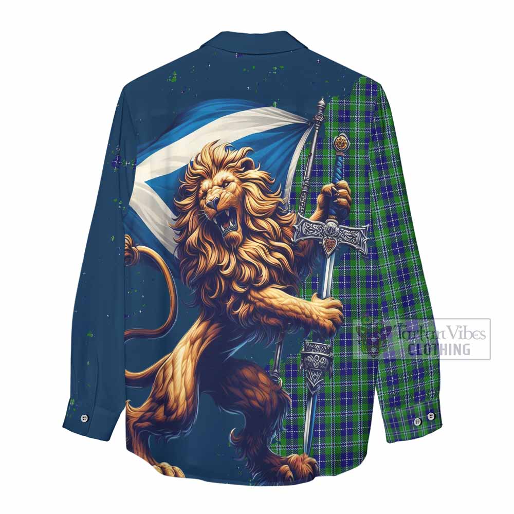 Tartan Vibes Clothing Douglas Tartan Family Crest Women's Casual Shirt with Scottish Majestic Lion