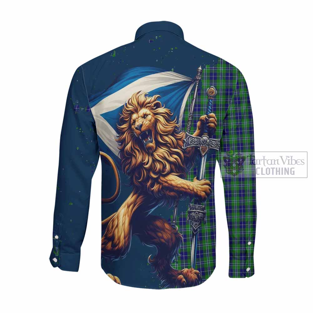 Tartan Vibes Clothing Douglas Tartan Family Crest Long Sleeve Button Shirt with Scottish Majestic Lion