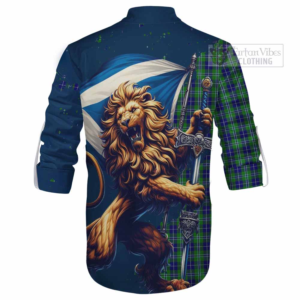 Tartan Vibes Clothing Douglas Tartan Family Crest Ghillie Kilt Shirt with Scottish Majestic Lion