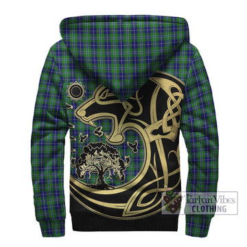 Douglas Tartan Sherpa Hoodie with Family Crest Celtic Wolf Style