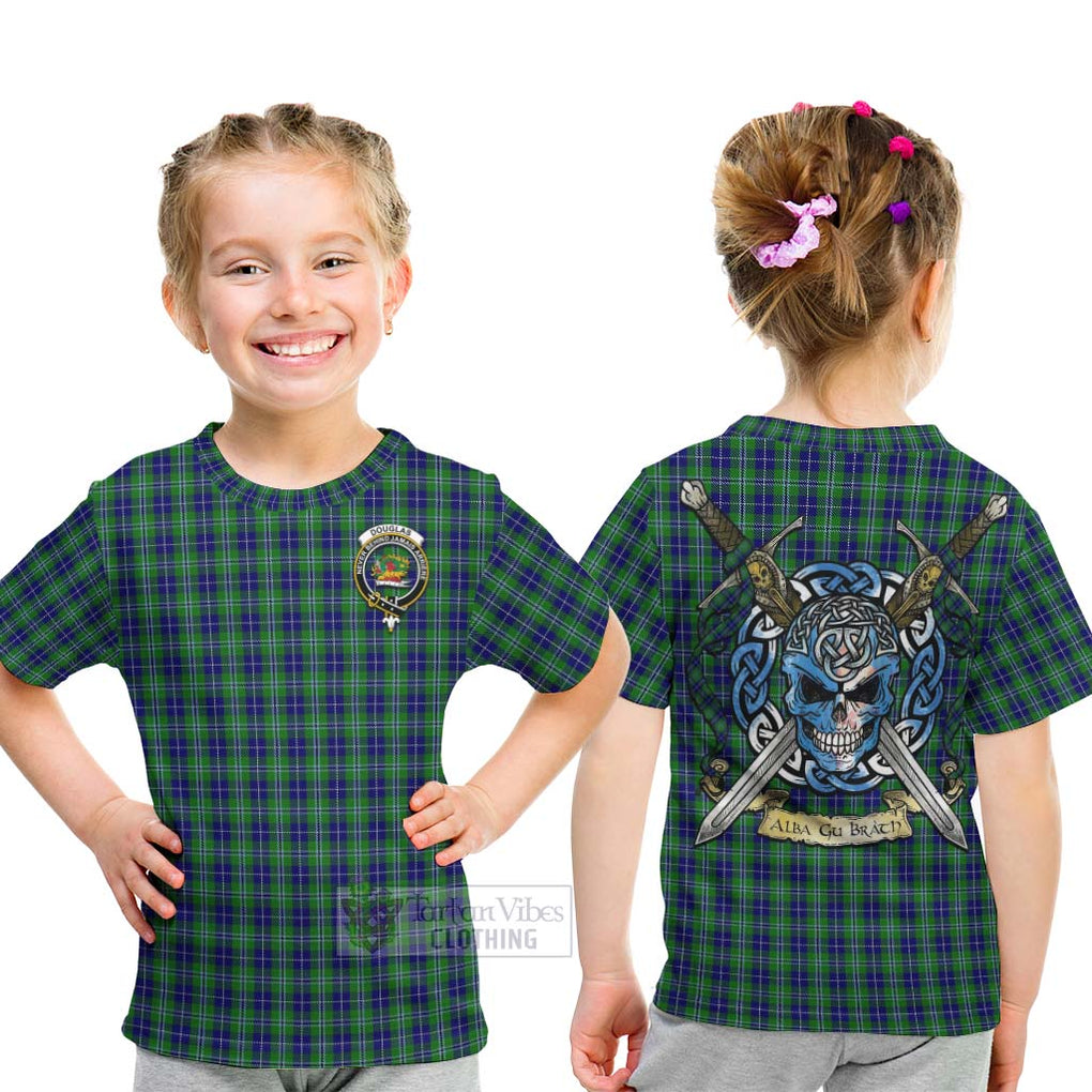 Tartan Vibes Clothing Douglas Tartan Kid T-Shirt with Family Crest Celtic Skull Style