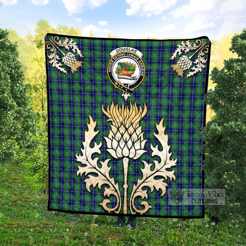 Tartan Vibes Clothing Douglas Tartan Quilt with Family Crest and Golden Thistle Style