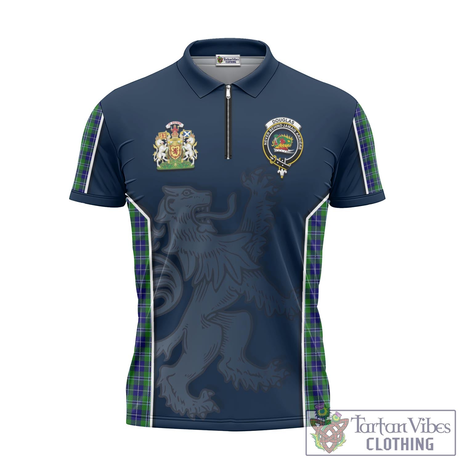 Tartan Vibes Clothing Douglas Tartan Zipper Polo Shirt with Family Crest and Lion Rampant Vibes Sport Style