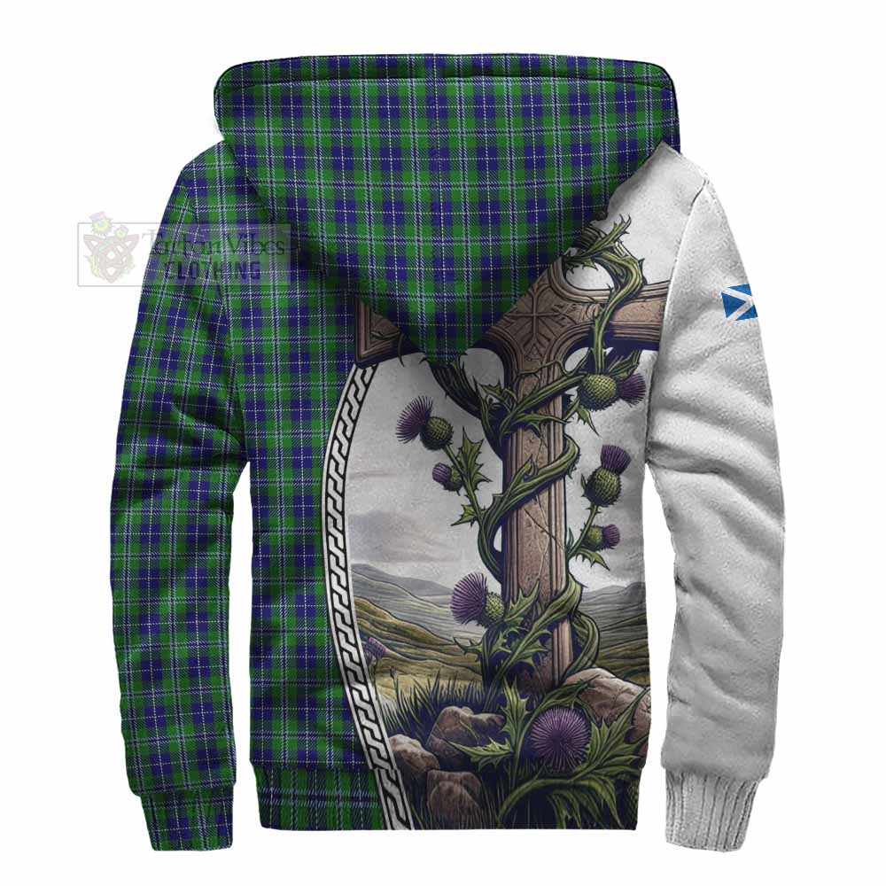 Tartan Vibes Clothing Douglas Tartan Sherpa Hoodie with Family Crest and St. Andrew's Cross Accented by Thistle Vines