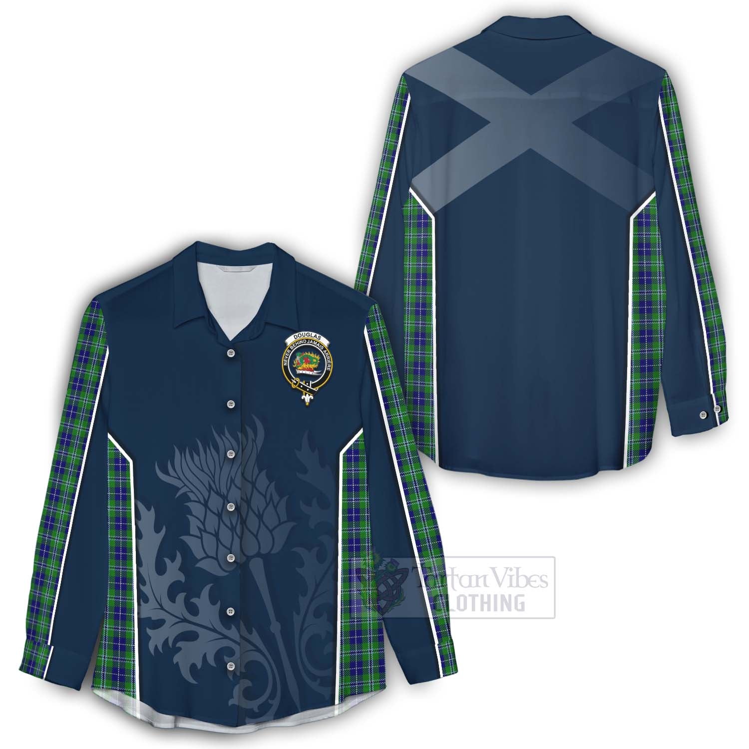 Tartan Vibes Clothing Douglas Tartan Women's Casual Shirt with Family Crest and Scottish Thistle Vibes Sport Style