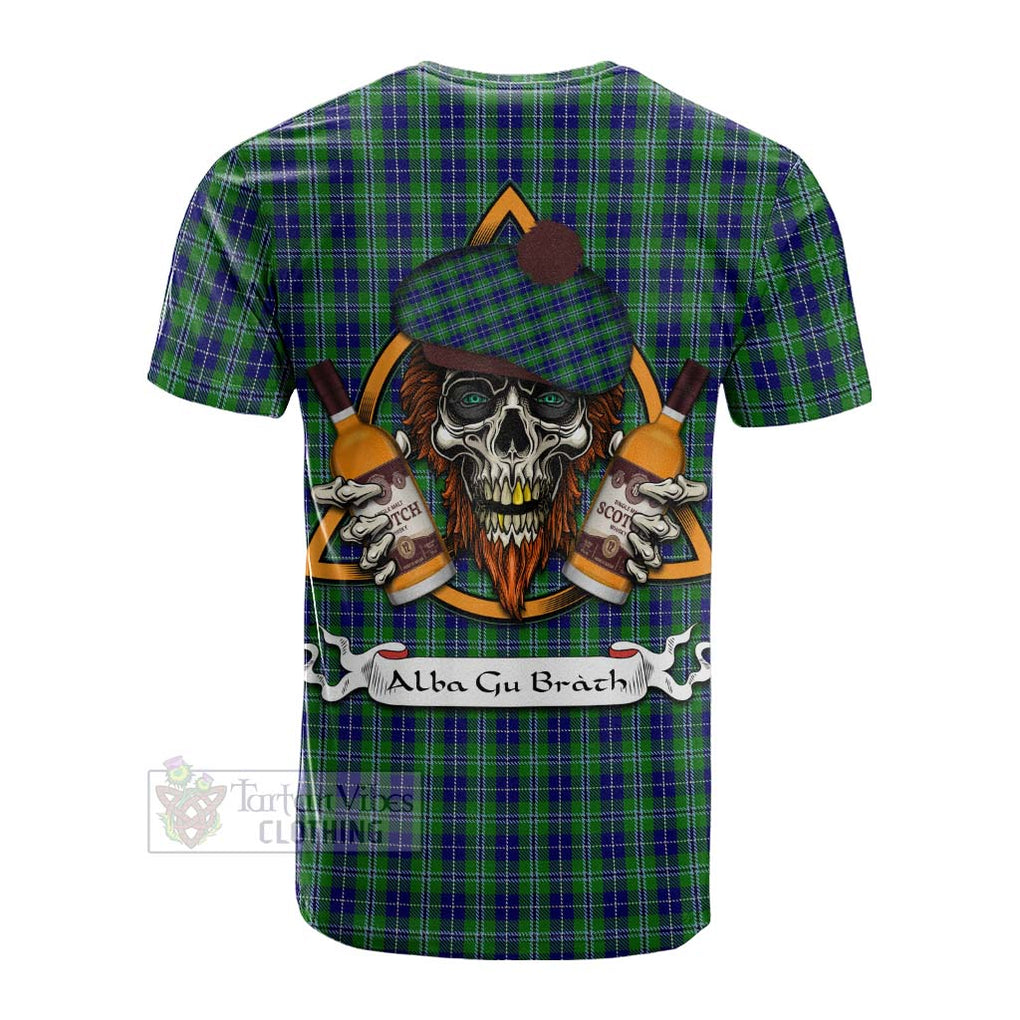 Tartan Vibes Clothing Douglas Tartan Cotton T-shirt with Family Crest and Bearded Skull Holding Bottles of Whiskey