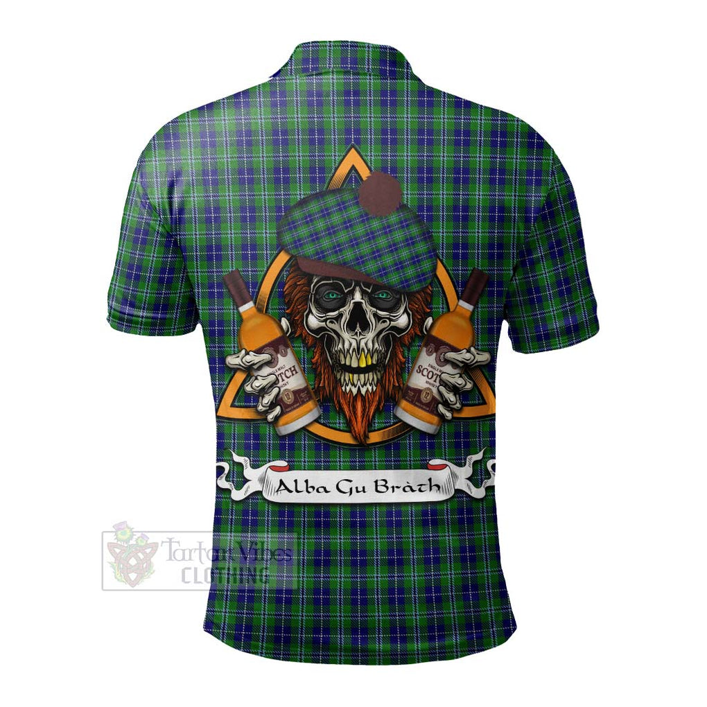 Tartan Vibes Clothing Douglas Tartan Polo Shirt with Family Crest and Bearded Skull Holding Bottles of Whiskey