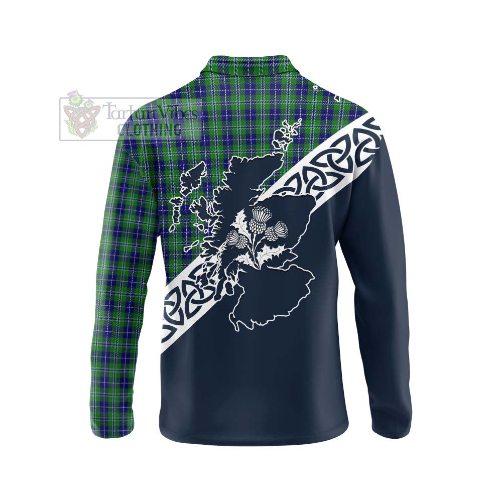 Tartan Vibes Clothing Douglas Tartan Long Sleeve Polo Shirt Featuring Thistle and Scotland Map