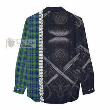 Douglas Tartan Women's Casual Shirt with Family Crest Cross Sword Thistle Celtic Vibes