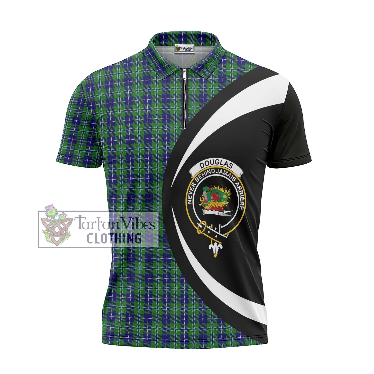 Tartan Vibes Clothing Douglas Tartan Zipper Polo Shirt with Family Crest Circle Style