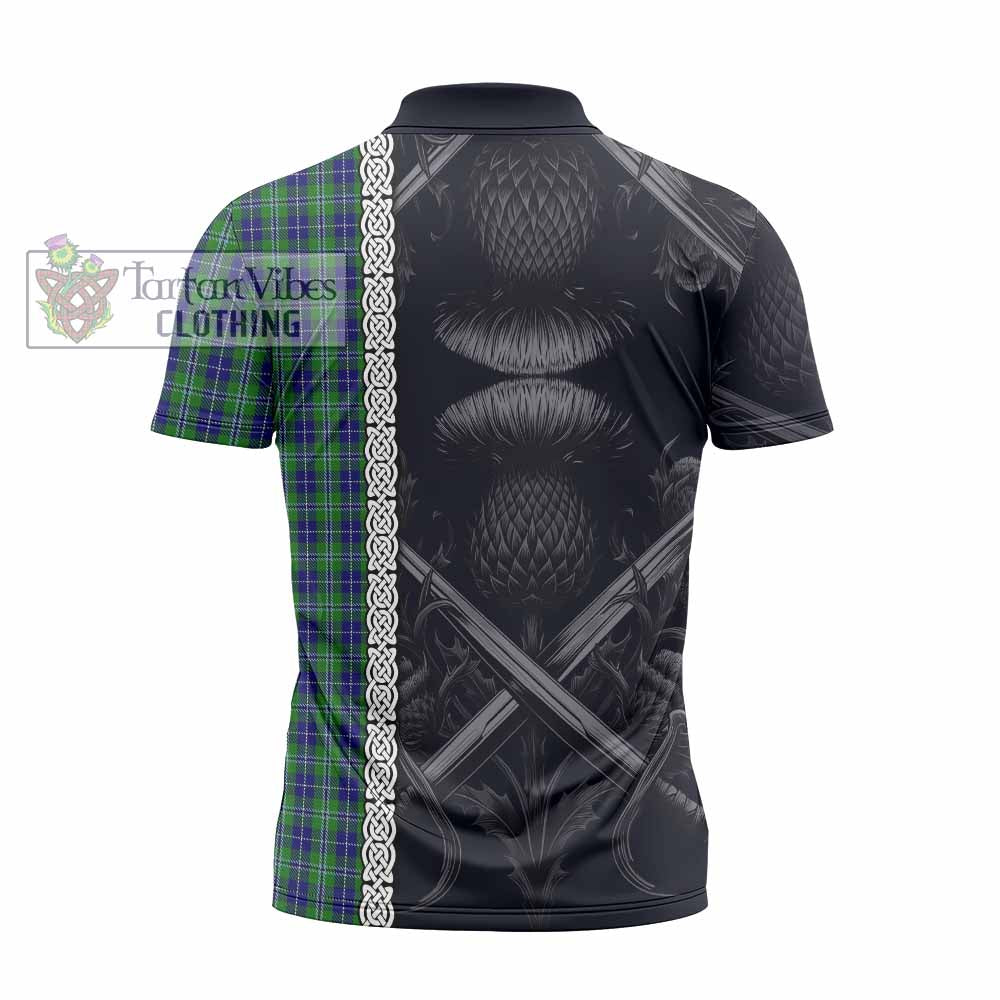 Tartan Vibes Clothing Douglas Tartan Zipper Polo Shirt with Family Crest Cross Sword Thistle Celtic Vibes