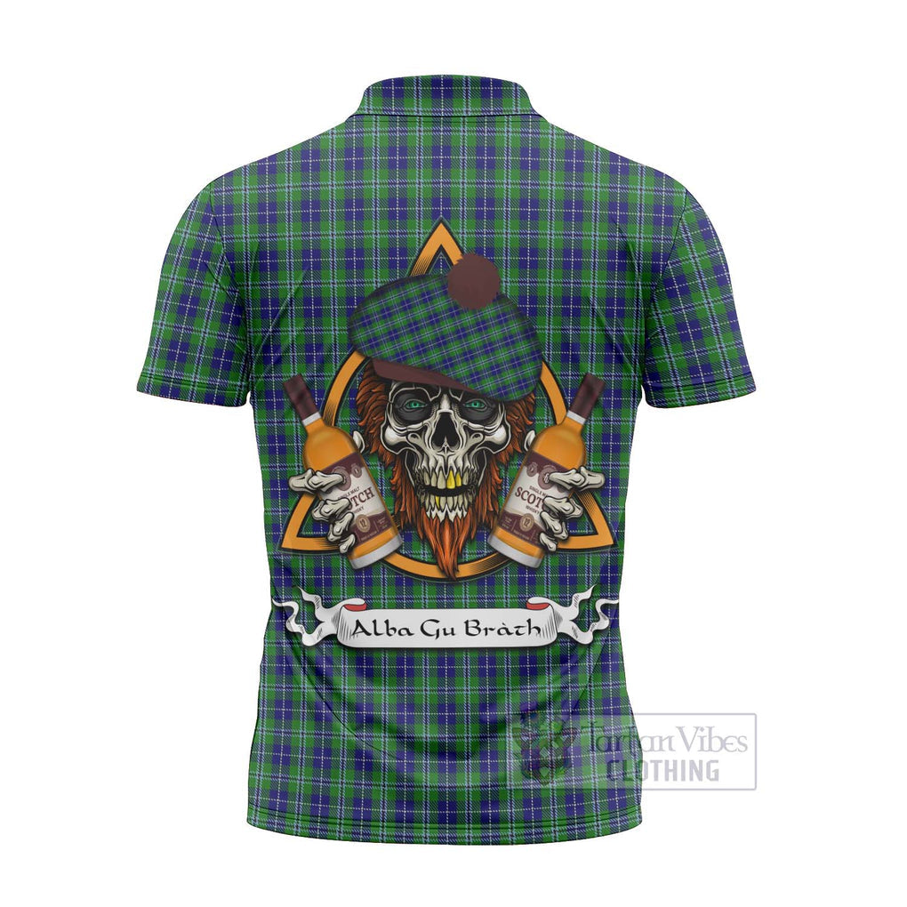 Tartan Vibes Clothing Douglas Tartan Zipper Polo Shirt with Family Crest and Bearded Skull Holding Bottles of Whiskey