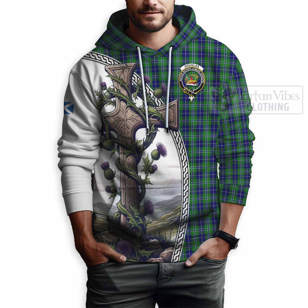 Tartan Vibes Clothing Douglas Tartan Hoodie with Family Crest and St. Andrew's Cross Accented by Thistle Vines