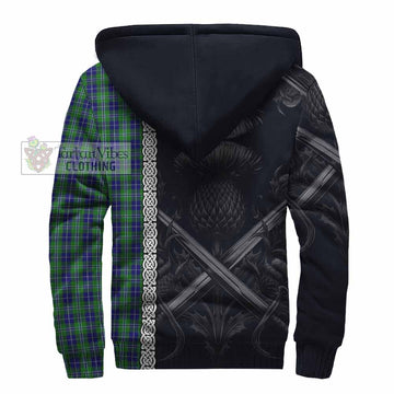 Douglas Tartan Sherpa Hoodie with Family Crest Cross Sword Thistle Celtic Vibes