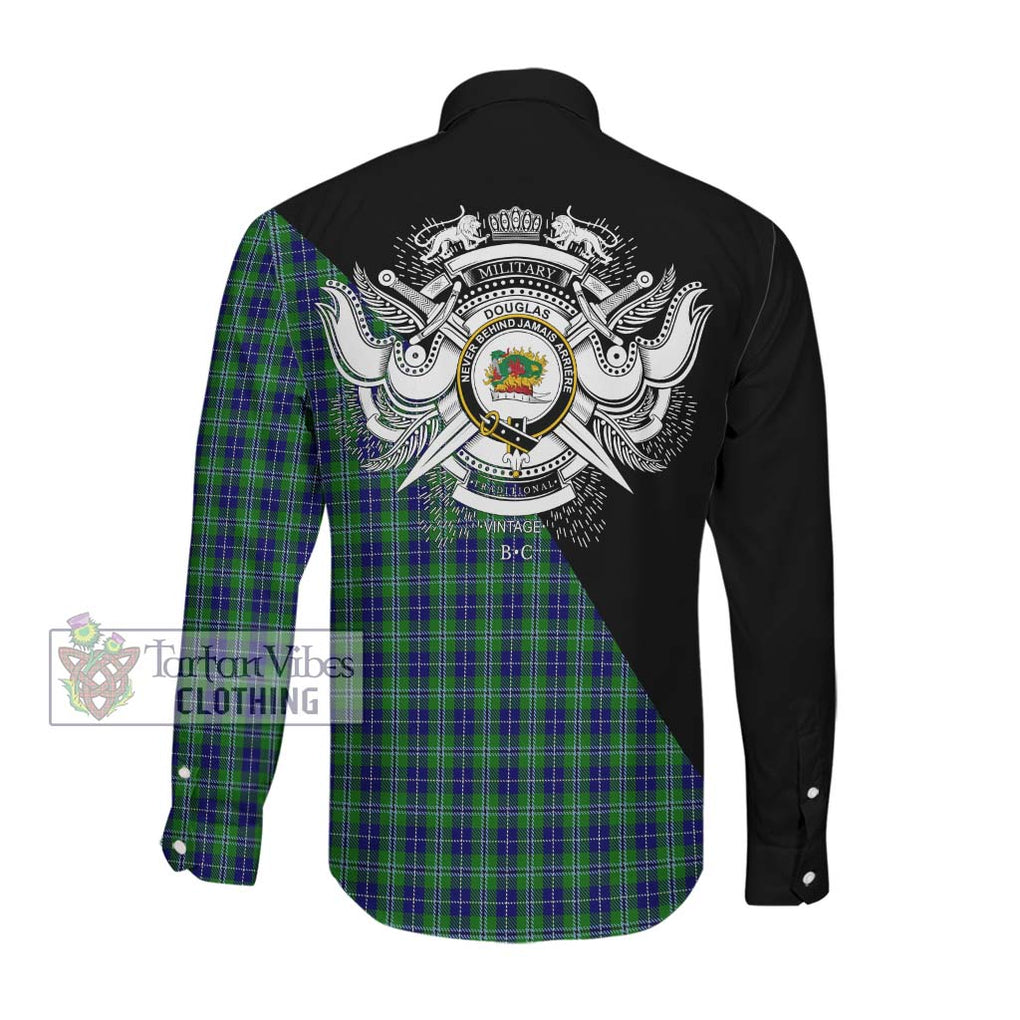 Douglas Tartan Long Sleeve Button Shirt with Family Crest and Military Logo Style Men's Shirt - Tartanvibesclothing Shop