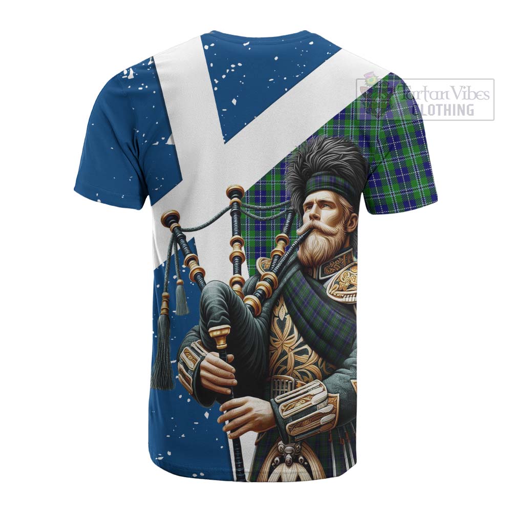 Tartan Vibes Clothing Douglas Tartan Cotton T-shirt with Family Crest Scottish Bagpiper Vibes