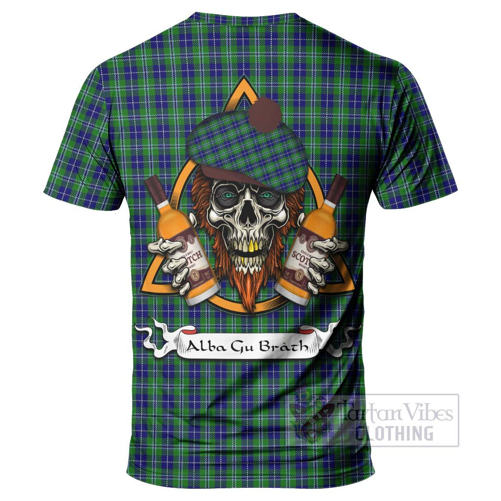 Tartan Vibes Clothing Douglas Tartan T-Shirt with Family Crest and Bearded Skull Holding Bottles of Whiskey