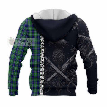 Douglas Tartan Knitted Hoodie with Family Crest Cross Sword Thistle Celtic Vibes