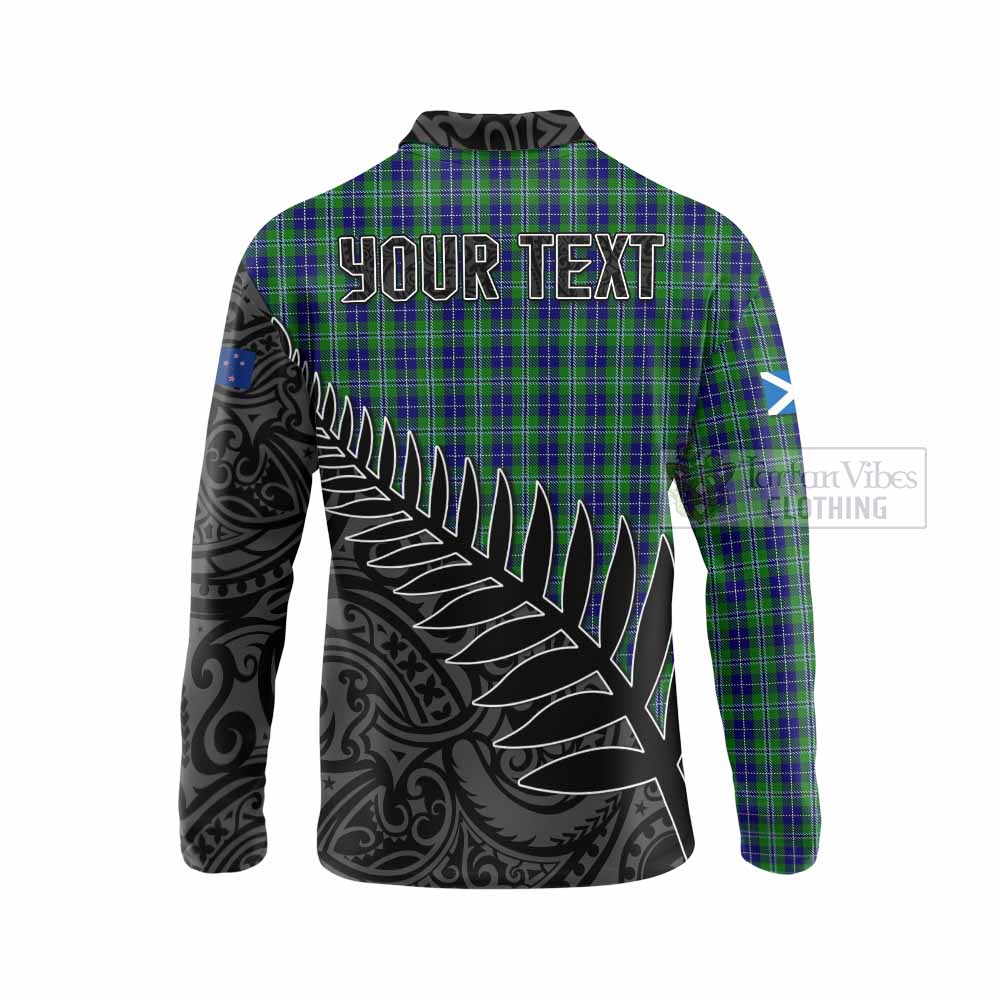 Tartan Vibes Clothing Douglas Crest Tartan Long Sleeve Polo Shirt with New Zealand Silver Fern Half Style