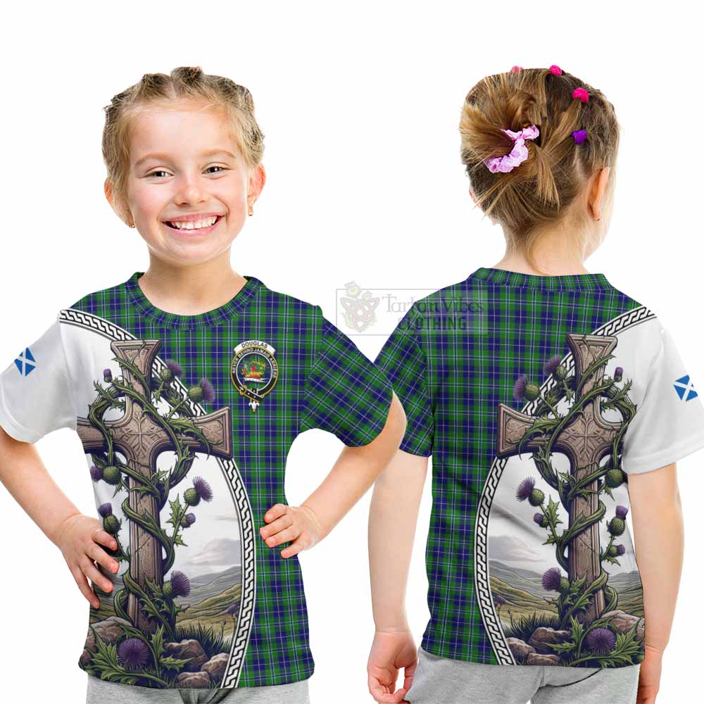 Tartan Vibes Clothing Douglas Tartan Kid T-Shirt with Family Crest and St. Andrew's Cross Accented by Thistle Vines