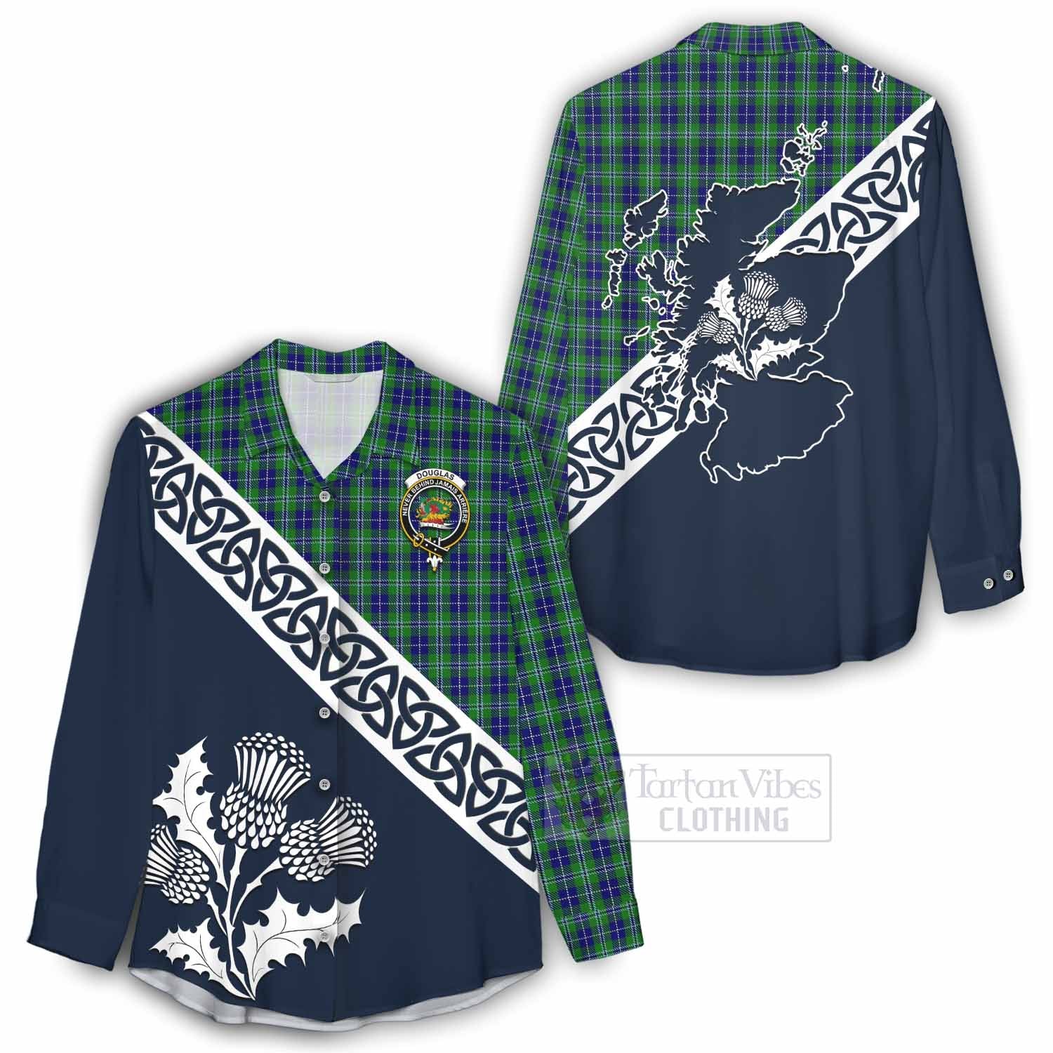 Tartan Vibes Clothing Douglas Tartan Women's Casual Shirt Featuring Thistle and Scotland Map