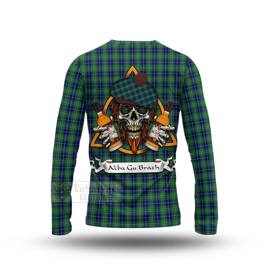 Tartan Vibes Clothing Douglas Tartan Long Sleeve T-Shirt with Family Crest and Bearded Skull Holding Bottles of Whiskey