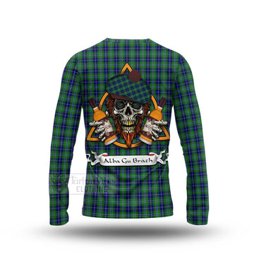 Douglas Tartan Long Sleeve T-Shirt with Family Crest and Bearded Skull Holding Bottles of Whiskey