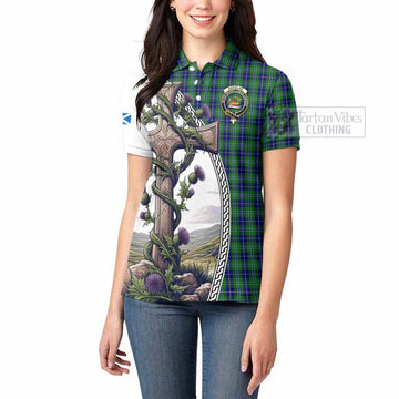 Douglas Tartan Women's Polo Shirt with Family Crest and St. Andrew's Cross Accented by Thistle Vines