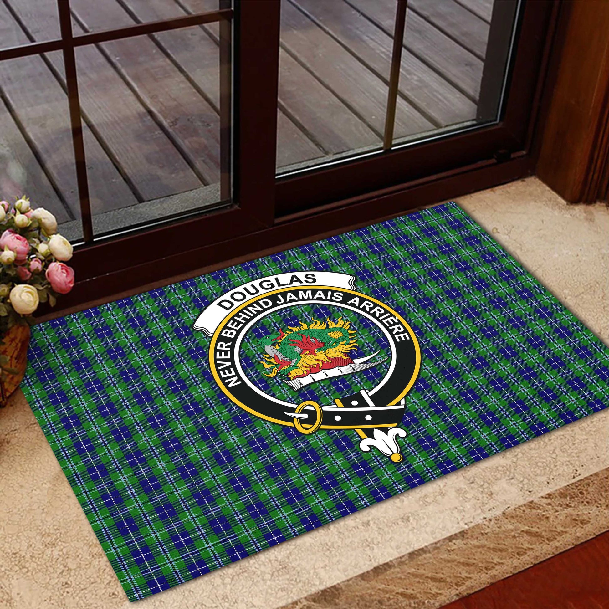 Douglas Tartan Door Mat with Family Crest - Tartanvibesclothing