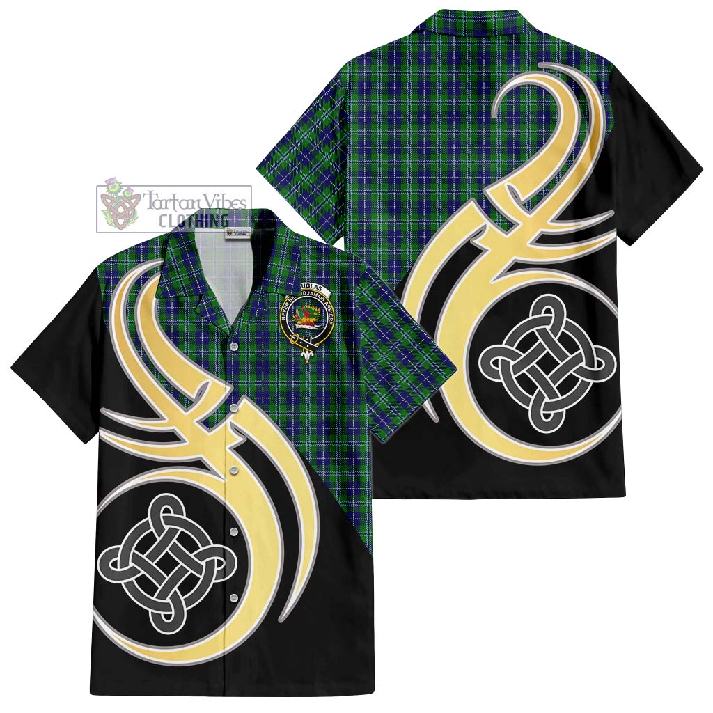 Douglas Tartan Short Sleeve Button Shirt with Family Crest and Celtic Symbol Style - Tartan Vibes Clothing