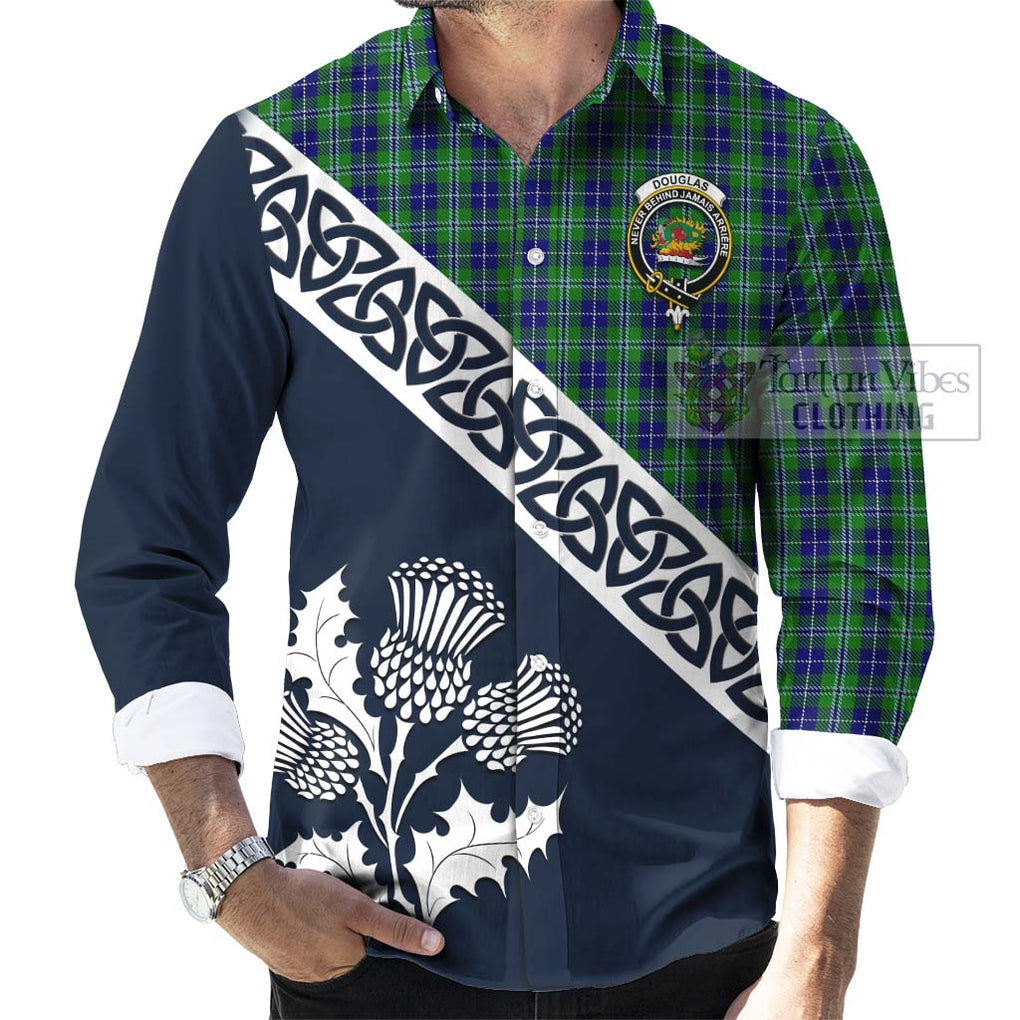 Tartan Vibes Clothing Douglas Tartan Long Sleeve Button Shirt Featuring Thistle and Scotland Map