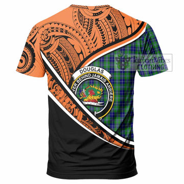 Douglas Crest Tartan T-Shirt with Polynesian Vibes Style - Orange Version