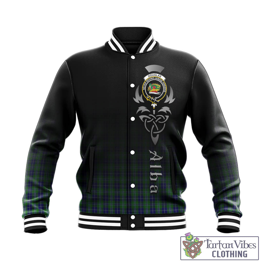 Tartan Vibes Clothing Douglas Tartan Baseball Jacket Featuring Alba Gu Brath Family Crest Celtic Inspired