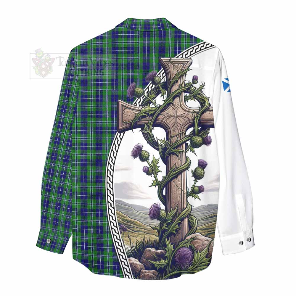 Tartan Vibes Clothing Douglas Tartan Women's Casual Shirt with Family Crest and St. Andrew's Cross Accented by Thistle Vines