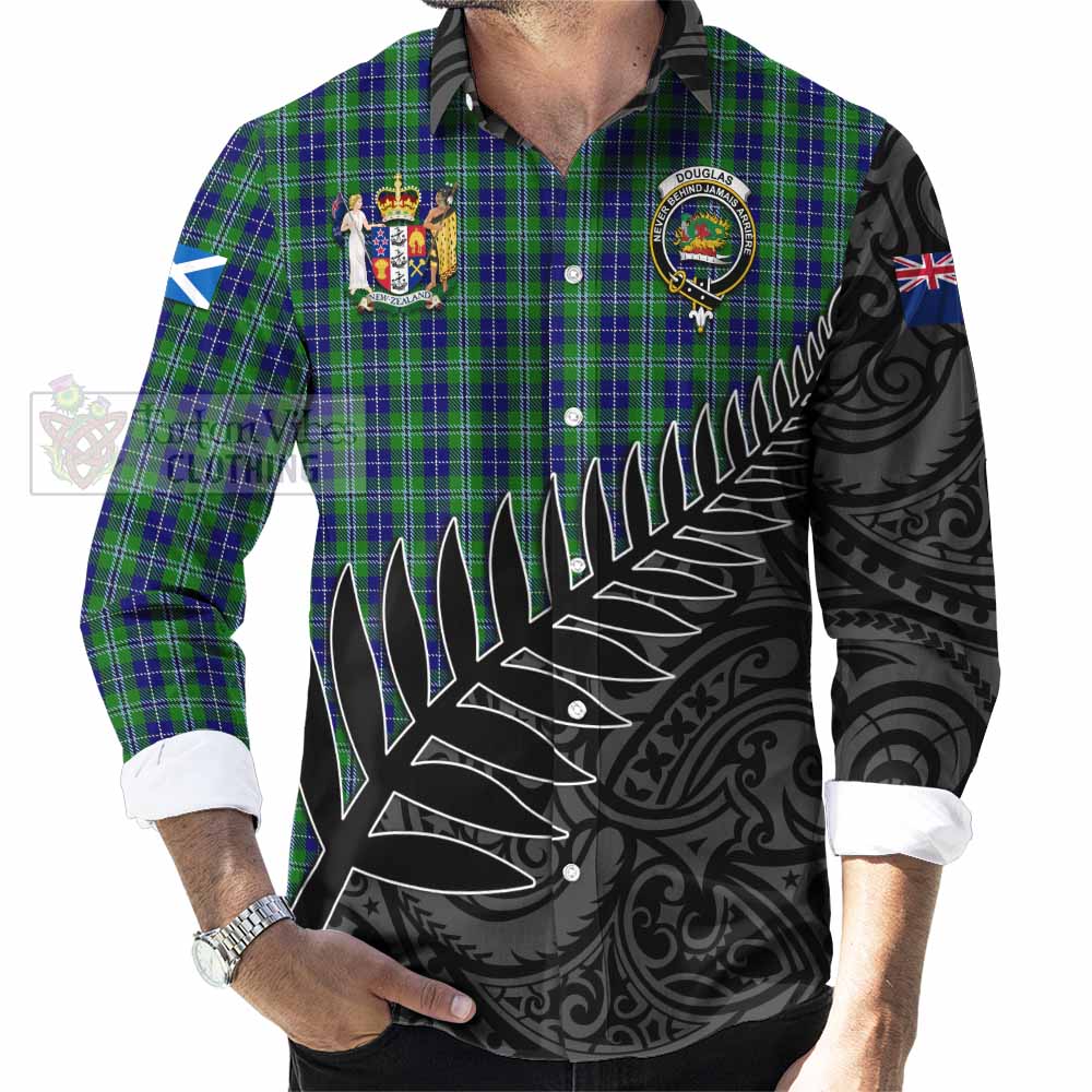 Tartan Vibes Clothing Douglas Crest Tartan Long Sleeve Button Shirt with New Zealand Silver Fern Half Style