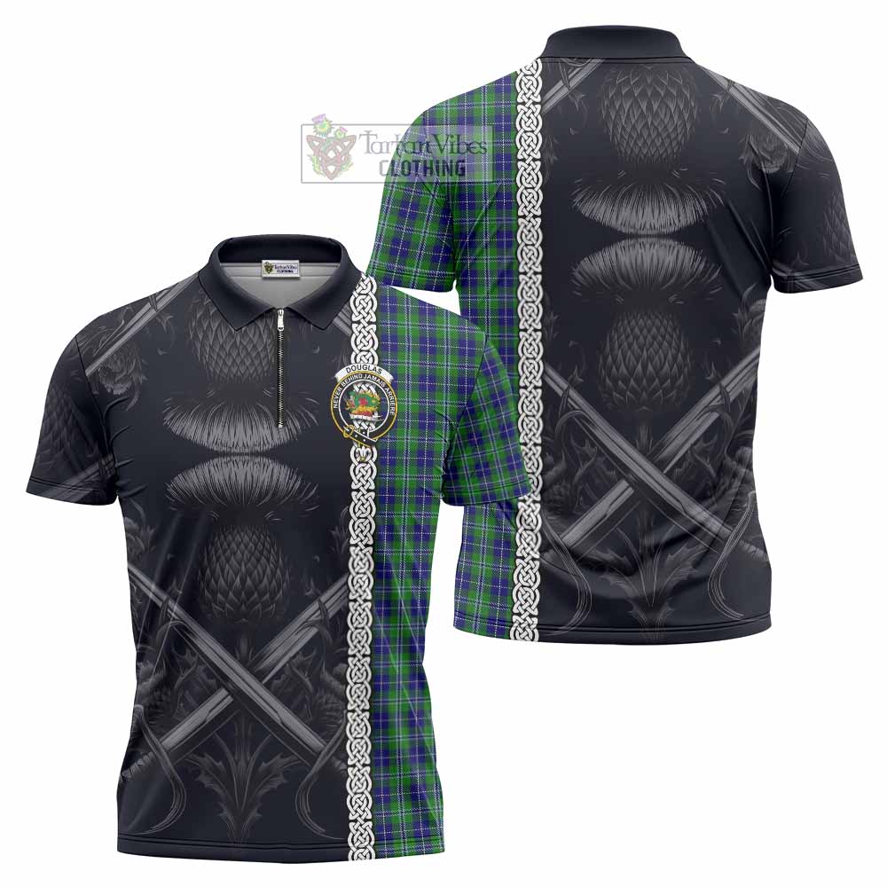 Tartan Vibes Clothing Douglas Tartan Zipper Polo Shirt with Family Crest Cross Sword Thistle Celtic Vibes