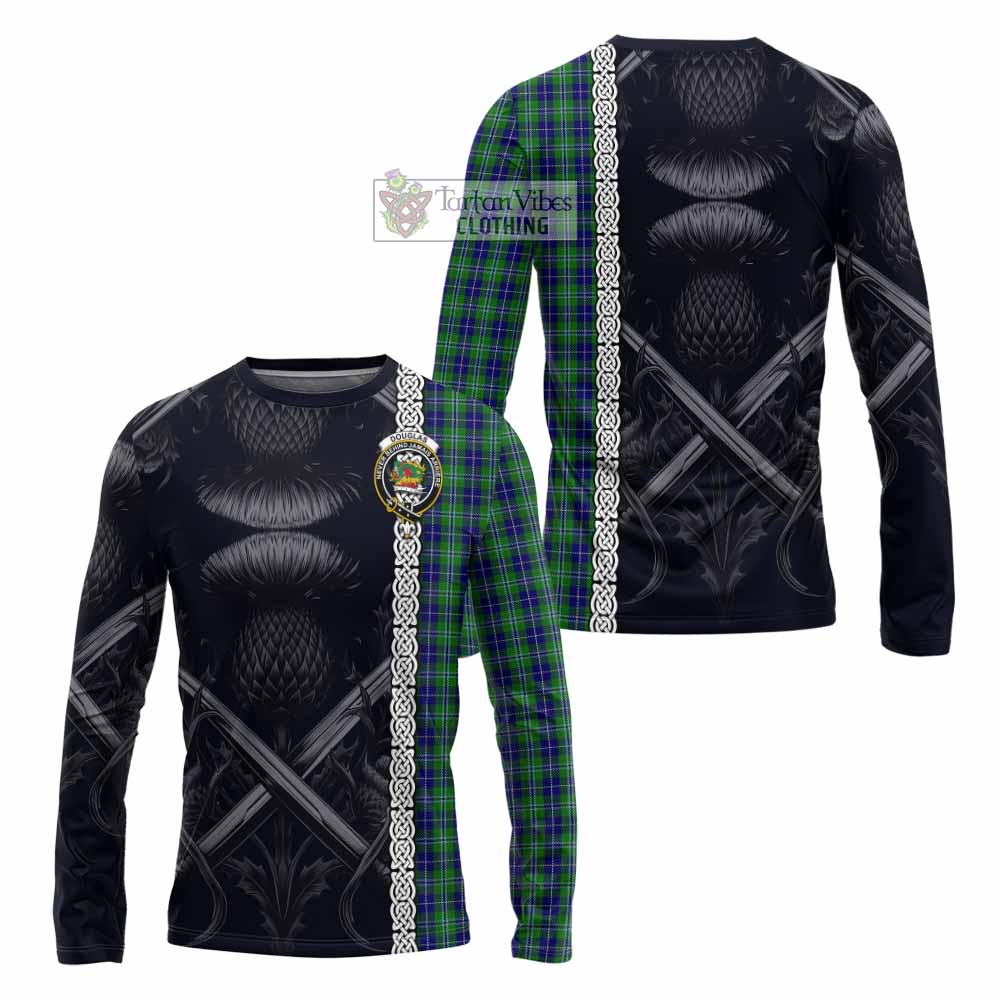 Tartan Vibes Clothing Douglas Tartan Long Sleeve T-Shirt with Family Crest Cross Sword Thistle Celtic Vibes