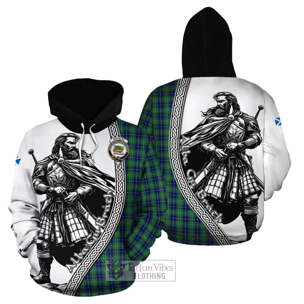 Tartan Vibes Clothing Douglas Tartan Clan Crest Cotton Hoodie with Highlander Warrior Celtic Style