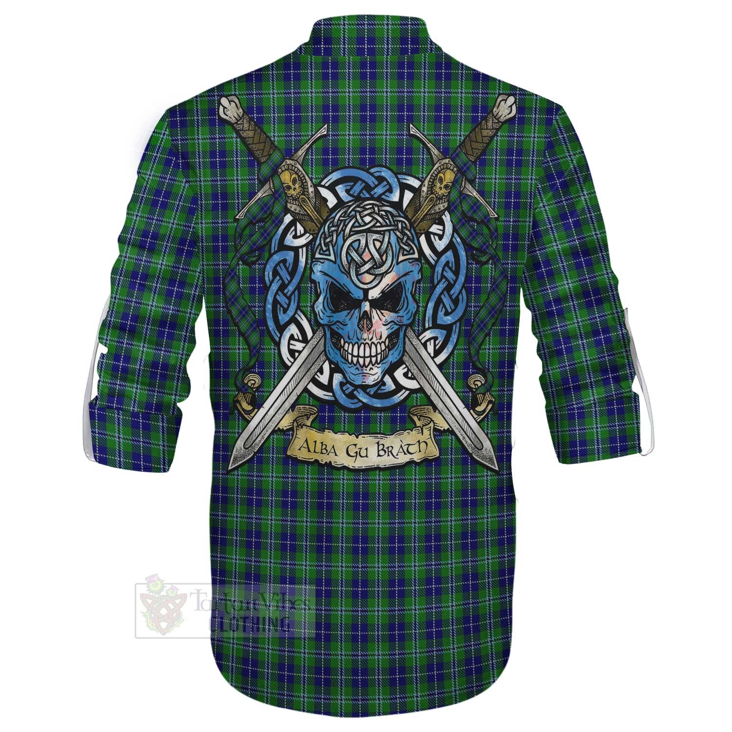 Tartan Vibes Clothing Douglas Tartan Ghillie Kilt Shirt with Family Crest Celtic Skull Style