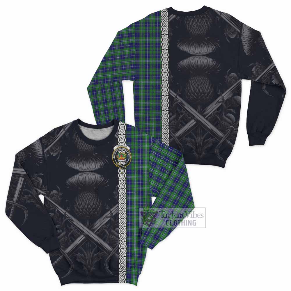 Tartan Vibes Clothing Douglas Tartan Sweatshirt with Family Crest Cross Sword Thistle Celtic Vibes