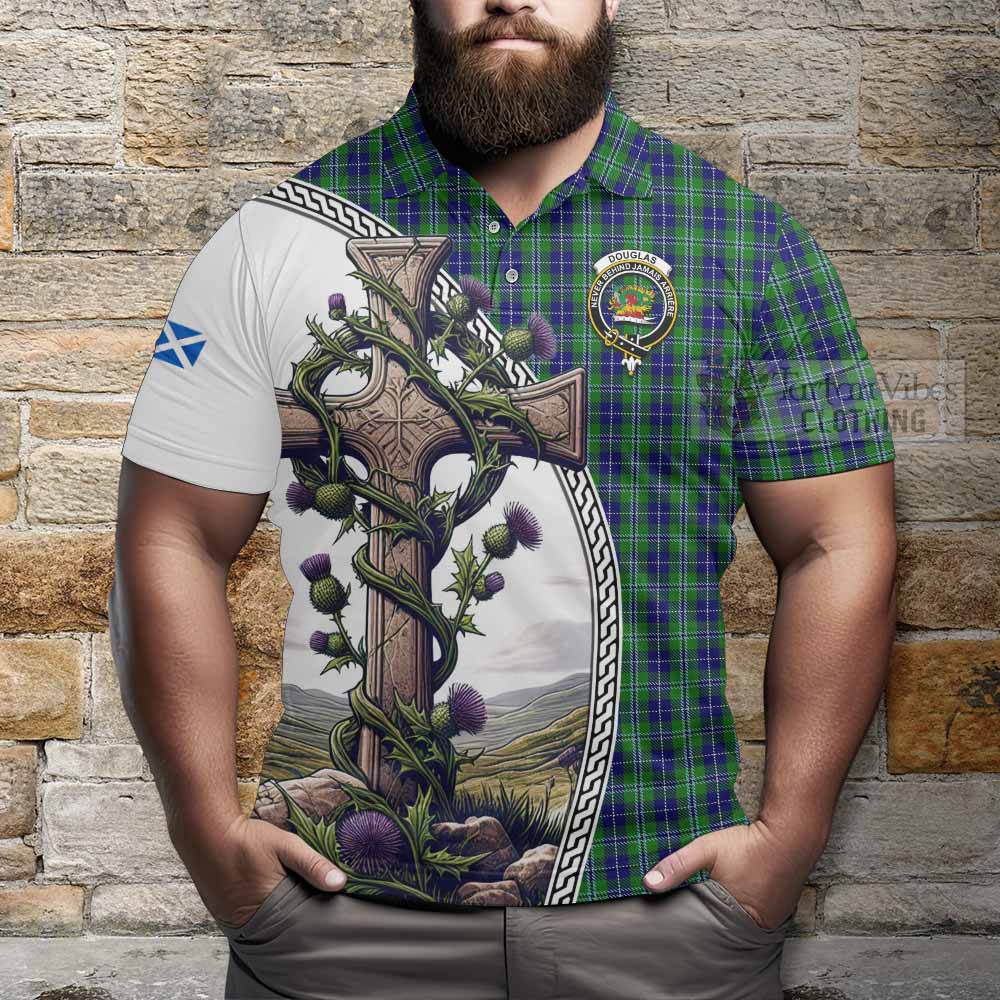 Tartan Vibes Clothing Douglas Tartan Polo Shirt with Family Crest and St. Andrew's Cross Accented by Thistle Vines