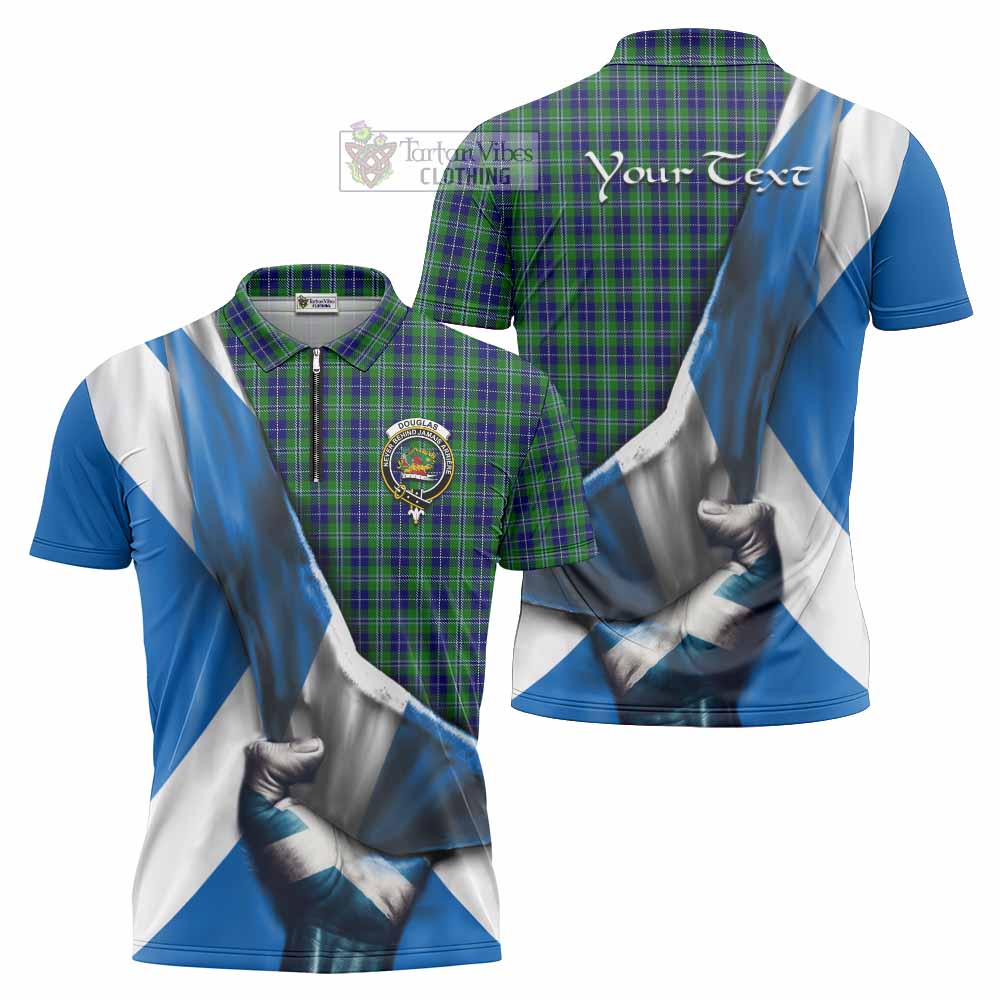 Tartan Vibes Clothing Douglas Tartan Zipper Polo Shirt with Family Crest Scotland Patriotic Style