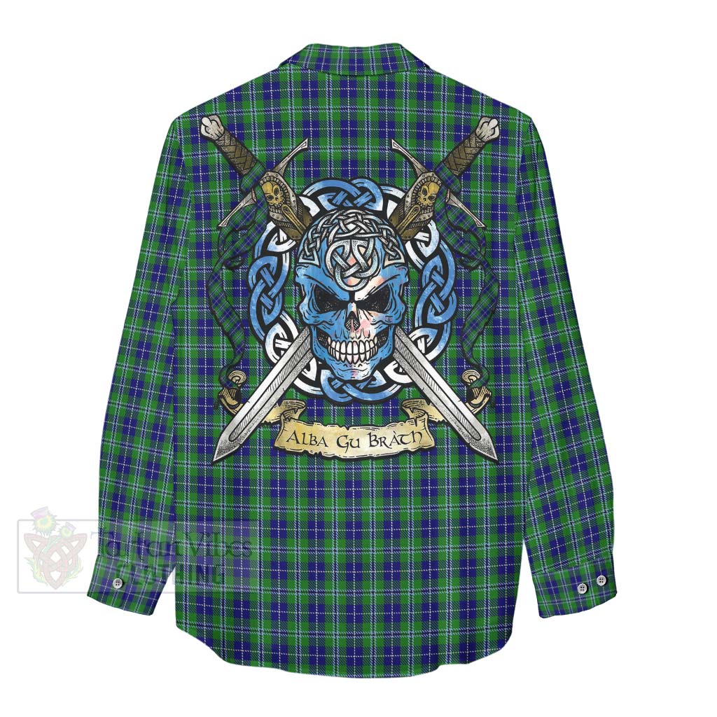 Tartan Vibes Clothing Douglas Tartan Women's Casual Shirt with Family Crest Celtic Skull Style