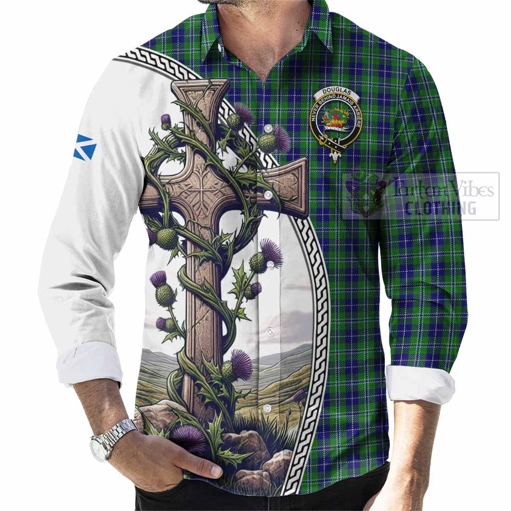 Tartan Vibes Clothing Douglas Tartan Long Sleeve Button Shirt with Family Crest and St. Andrew's Cross Accented by Thistle Vines